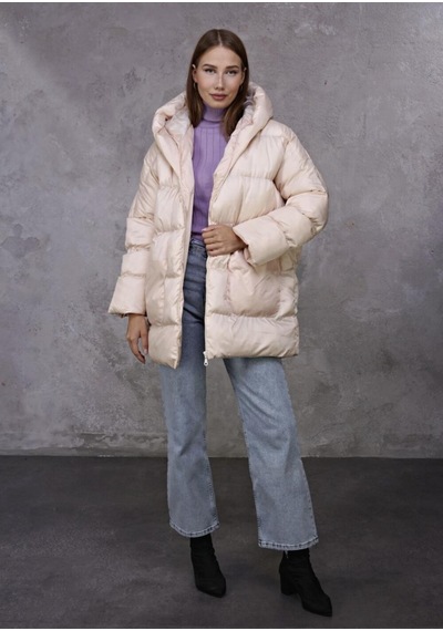 Oversize Kapşüyonlu Şişme Mont-bej Renk-412 Bej