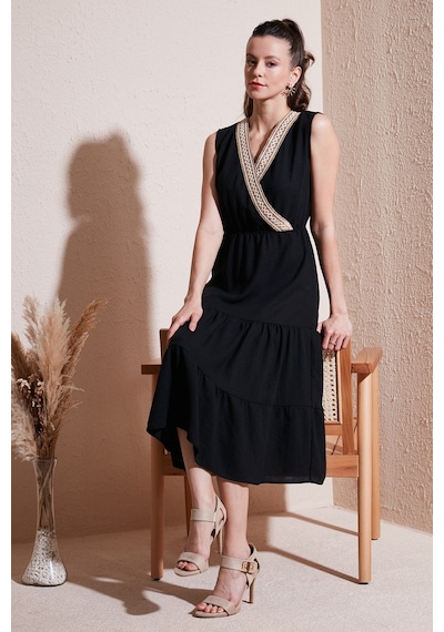 Lela Regular Fit Kruvaze Yaka Midi Bayan Elbise 6118103 Siyah