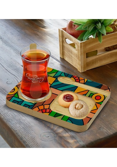Kişiye Özel Doğal Ahşap Kaşıklı Sunum Tabağı Ve Heybeli Çay Bardağı Hediye Seti - Model 7