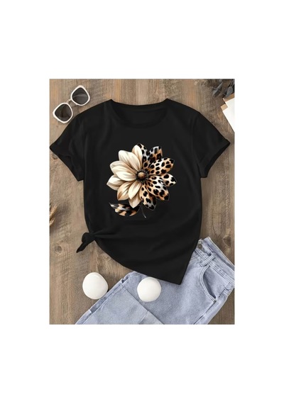 Nature & Wild Leopar Çiçek Baskılı T-shirt Siyah