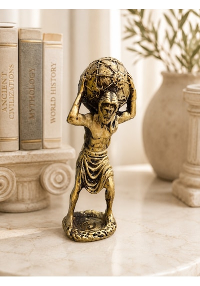 Atlas Heykeli 14 Cm Antik Gold Dekoratif Biblo Mitolojik Ev Dekorasyonu & Masa Üstü Aksesuar