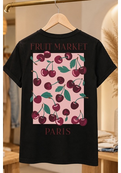 Spoyi Cherry Paris Tasarımlı %100 Pamuk Yarım Oversize Siyah T-shirt