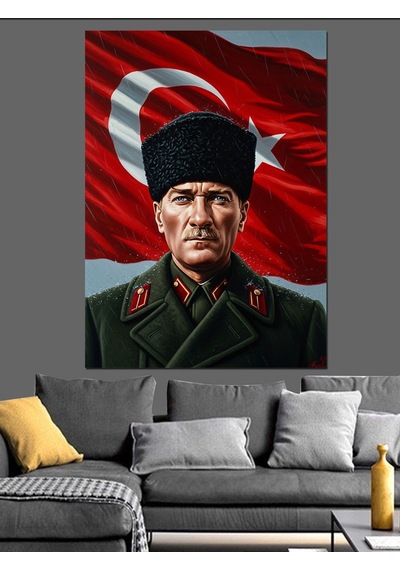 Türk Bayraklı Atatürk Portresi Dekoratif Kanvas - Mdf Ahşap Tablo