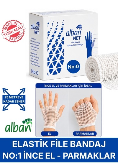 Elastik File Bandaj, No:0 El Ve Parmaklar, Esnetince 25m'ye Kadar Uzayan Tübüler Net Bandaj