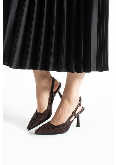 Lebibe Shoes Lısa Kadın Acı Kahve Sivri Burun 7 Cm Topuklu Çiçek Dantel Desenli Rugan Slingback Ayakkabı Kahverengi