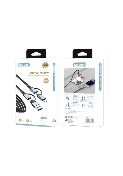 Go Des Gd-uc809 4in1 Pd Çoklu Usb-a + Type-c To Type-c + Lightning Şarj Kablosu 100w 120cm Siyah