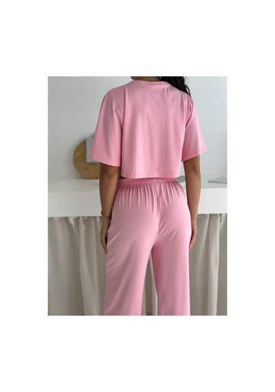 Gugus Yazlık Takım - Alt Üst Kadın Dokulu Kumaş -baggy Pantolon + Salaş Üst Pembe