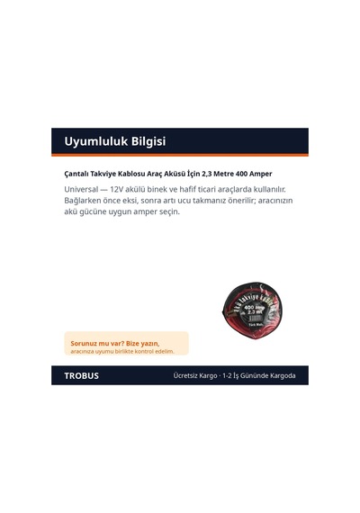 Trobus Çantalı Takviye Kablosu Araç Aküsü İçin 2,3 Metre 400 Amper