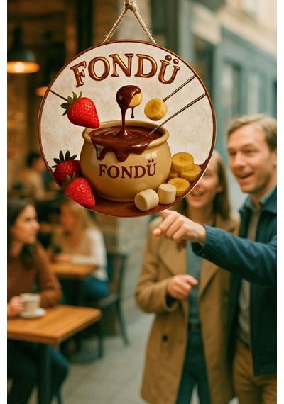 Fondü Tatlısı Temalı İpli Ahşap Kapı Duvar Süsü, Pastane, Tatlı Dükkanı, Cafe Tablo Dekoru