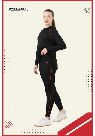 Kadın Eşofman Takım Siyah Üst Tunik & Siyah Regular Fit Lycralı Tayt Dalgıç Kumaş Aktif Spor 3060 Siyah Kırmızı Şeritli