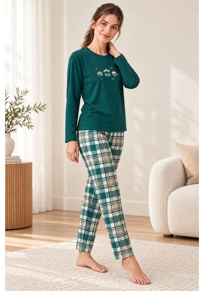Gd Goldoremi Kadın Ekose Desenli Likralı Termal Kumaş Uzun Kollu Yeşil Pijama Takımı