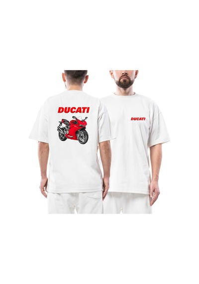 Ducati 959 Red Text Logo Ön Arka Baskılı Beyaz Oversize Tişört