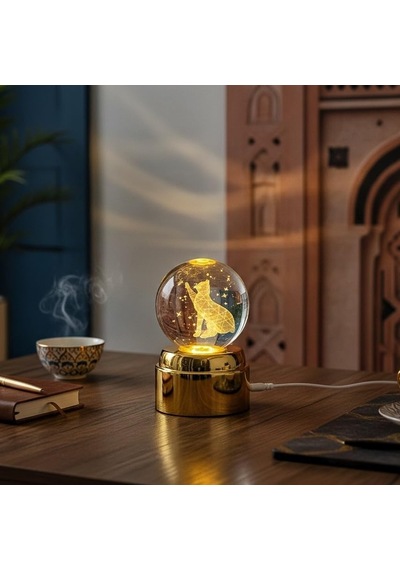 Tr Mobius Dönen Işıklı Cam Küre Kedi Figürü, Led Gece Lambası, Dekoratif Loş Masa Lambası 12 Cm Gold Diğer