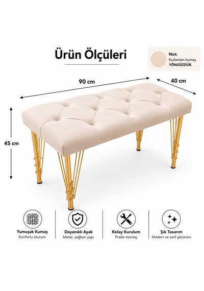 90cm Yeni Nesil Metal Gold Ayaklı Çok Amaçlı Puf Bench Krem