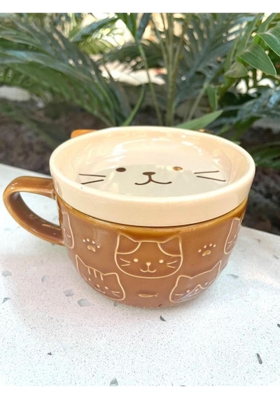 Seramik Kawaii Karikatür Sevimli Kedi Fincan Kahve Süt Kapaklı Kupa Hediye