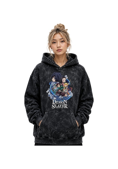 Sevbano Demon Slayer Anime Baskılı Unisex Oversize Yıkamalı Premium Hoodi Siyah
