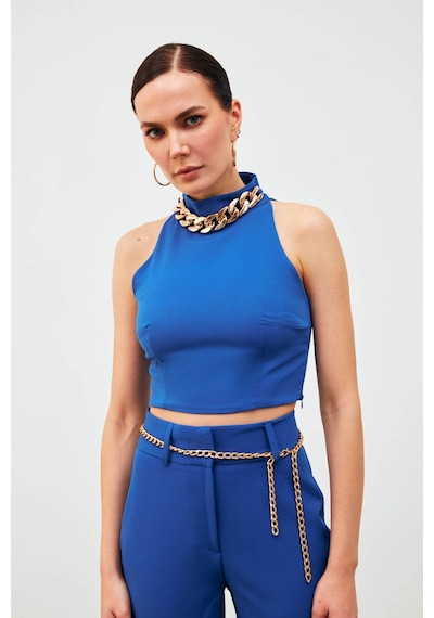 Sateen Zincir Aksesuarlı Crop Bluz - Sax Mavi Saks Mavisi