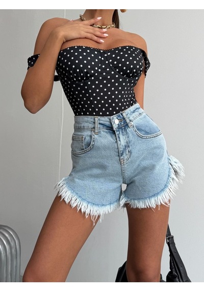 HerTon Kadın Yüksek Bel Püsküllü Jean Şort - Yanları Kavisli Yırtık Detaylı Denim Şort