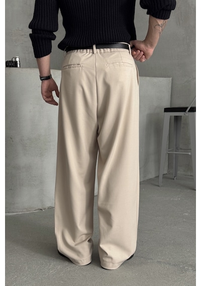 Erkek Pileli Ekstra Baggy Kalıp Kumaş Pantolon Krem