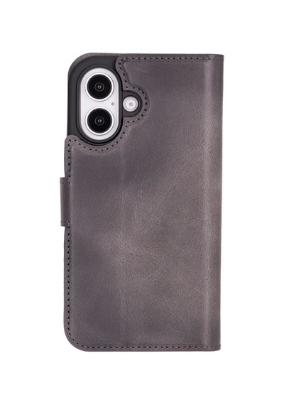 Plm Apple İphone 16 Plus Uyumlu, Hakiki Deri, El Yapımı, Cüzdanlı Kılıf, Gölgeli Gri Acı Kahverengi