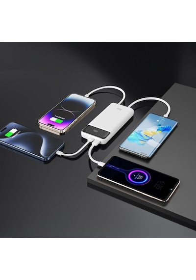 10000mah 22.5w Led Ekranlı Lightning Ve Type-c Kablolu Powerbank Taşınabilir Hızlı Şarj Cihazı Beyaz
