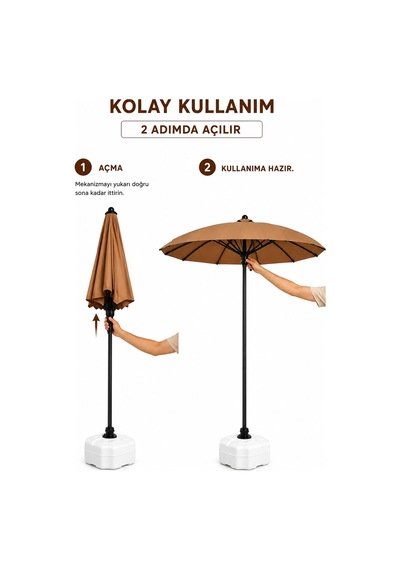 Alubrella Yuvarlak Sütlü Kahve 250 Cm Çap, 8 Telli Güneş Şemsiyesi Kahverengi İskelet Antrasit