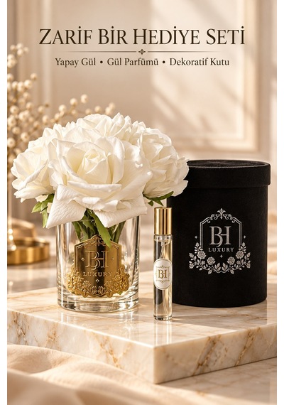 Bh Luxury Yapay Beyaz Gül Ve Parfüm Hediye Seti Siyah Dekoratif Kutulu