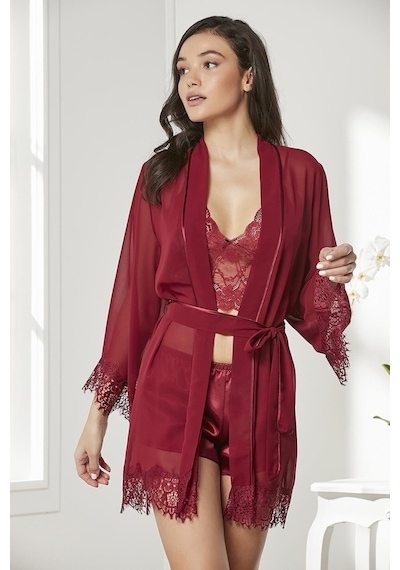 Pierre Cardin 7005 Çeyizlik Dantelli Saten 4'Lü Set -Bordo