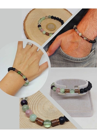 Florit & Oniks Taşı 8mm Unisex Tasarım Bileklik Hawaii Model 470 Çok Renkli