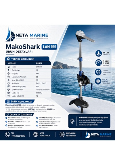 Makoshark Lan 155 Elektrikli Tekne Motoru Trolling Motor - 55 Lbs, 12v, 5 İleri / 3 Geri Vites