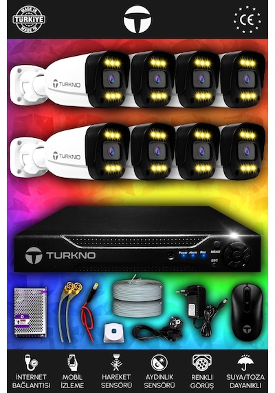 Turkno 8 Kameralı Ultia 8 Dış Kamera Set HDD'siz 5 MP 2K Net Renkli Gece Görüşlü Güvenlik Kamerası Sistemi