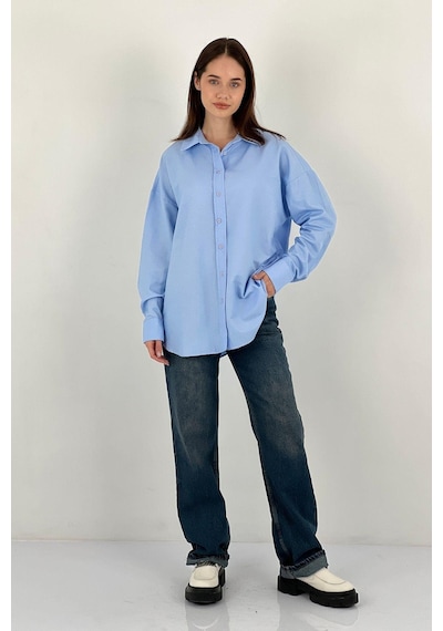 Miss Poem Kadın Polo Yaka Basic Oversize Uzun Kollu Pembe Gömlek Mavi