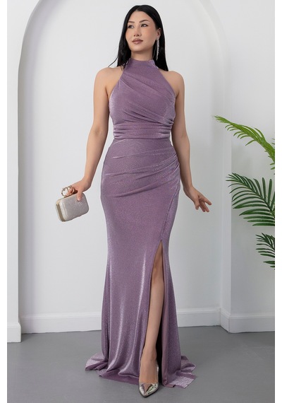 Kalopya Halter Yaka Yırtmaçlı Simli Elbise Drp0013 Lila