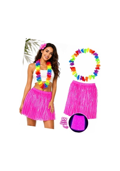 Neon Pembe Hawaii Etek 40 Cm Ve Rengarenk Hawaii Kolye Evimdeyokyok