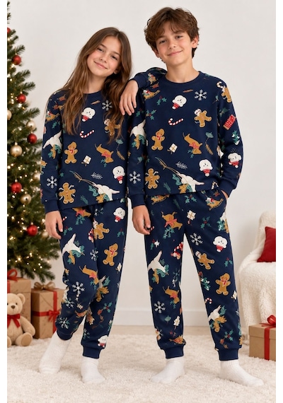 Zuzunga Unisex Çocuk Christmas Cookie Desenli Lacivert Pijama Takımı