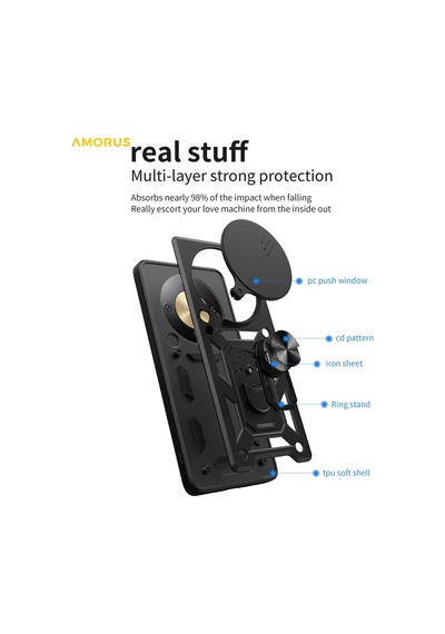 Honor Magic8 Lite 5g / X9d 5g Kılıf Kamera Korumalı Sürgülü Yüzüklü Armor Military Tank Kızak Kapak Siyah