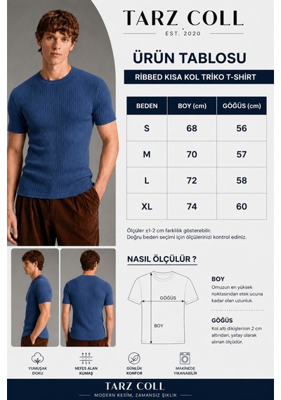 Tarz Cool Erkek Fitilli Likralı Slim Fit Bisiklet Yaka Tişört Siyah