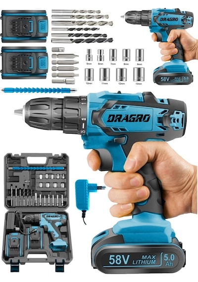 Dragro Alman Drg-krc 58 V 5 Ah Darbeli Bakır Sargılı Metal Şanzuman Şarjlı Çift Akülü Vidalama Matkap Mavi Fişli