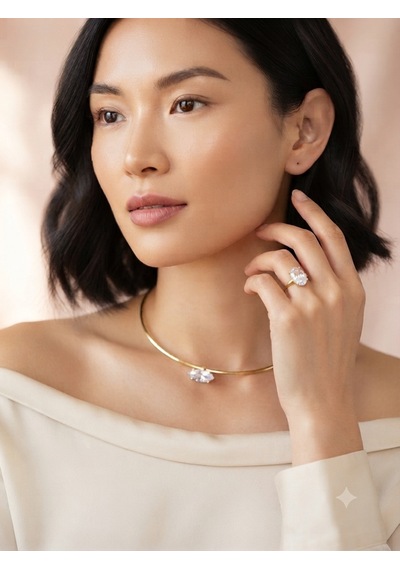 Rhea Jewelry Çelik Zirkon Taşlı Kolye Ve Ayarlanabilir Yüzük Seti Gold Kadın Takı Seti Altın