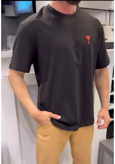 Barlashive Erkek Kısa Kol Tişört Bisiklet Yaka Kalp Baskılı Oversize T-shirt - Siyah Çok Renkli
