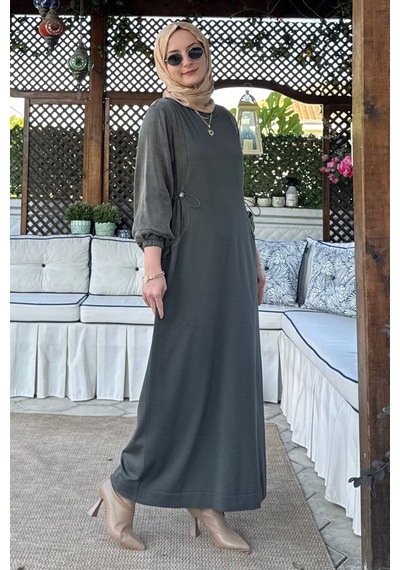 Rabia Şamlı Aslı Cupra Detaylı Triko Elbise Haki Normal