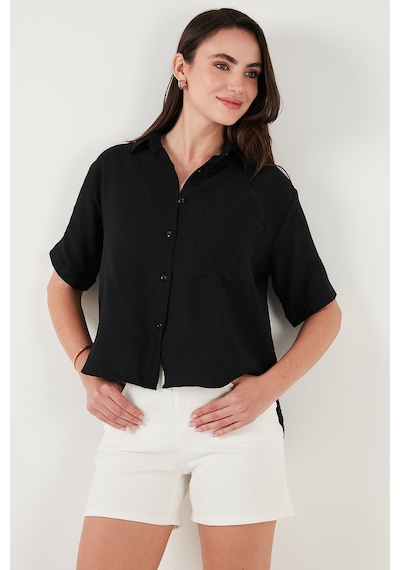 Lela Regular Fit Göğüs Cepli Kısa Kollu Bayan Gömlek 6779324 Siyah
