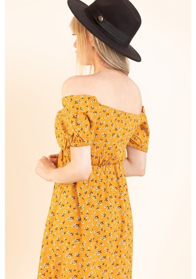 Aqe Fashion Kadın Hardal Önü Büzgülü Beli Lastikli Elbise Hardal