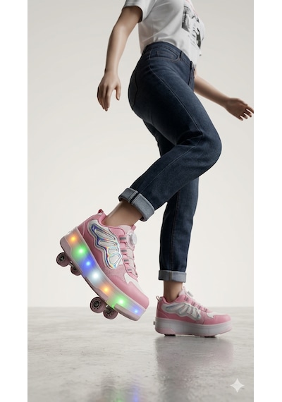 Kız Çocuk Patenli Kaykay Tekerlekli Işıklı Rahat Spor Ayakkabı&yeni Model Hologramlı Koyu Pembe