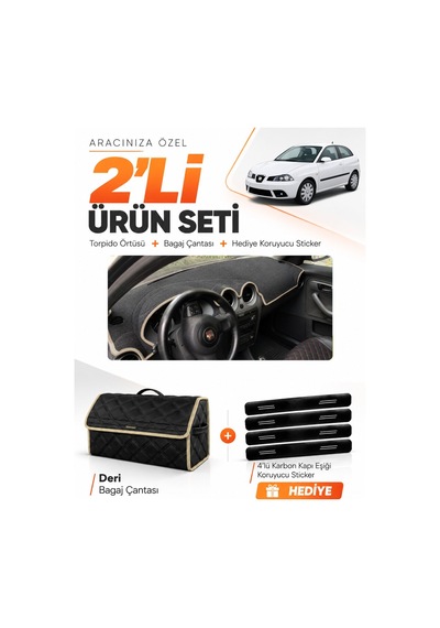 E-biz Seat Ibıza 2001-2008 Uyumlu Torpido Örtüsü + Deri Bagaj Çantası Seti - Siyah-bej - Se003