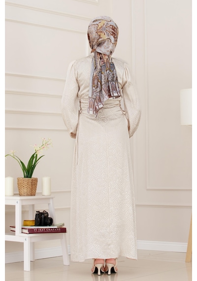 Banu Yanı Bağcıklı Saten Abiye-bej-4951