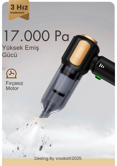 Vooka Araç İçi Süpürge & Üfleme 17.000 Pa Güçlü Çekim 12.000 Pa Üfleme 3 Kademeli,6000 Mah Batarya