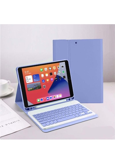 Apple Uyumlu iPad  Pro 4. Nesil M2 2022 11 Inç Bluetooth Klavyeli Kılıf Kalem Bölmeli Türkçe Klavye Lila