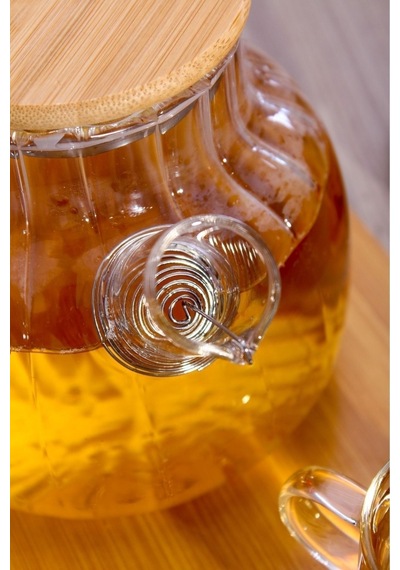 Dekorasyaa Isıya Dayanıklı Süzgeçli Cam Bambu Demlik 1000ml Cam