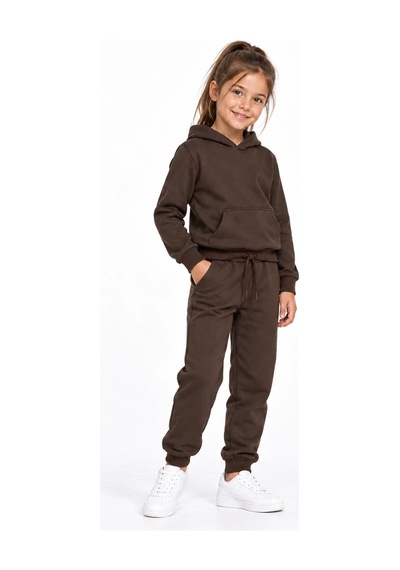 Rony Pony Kids Unisex Kız Erkek Çocuk Kahverengi 2 İplik Kapüşonlu Kanguru Cepli Eşofman Takımı